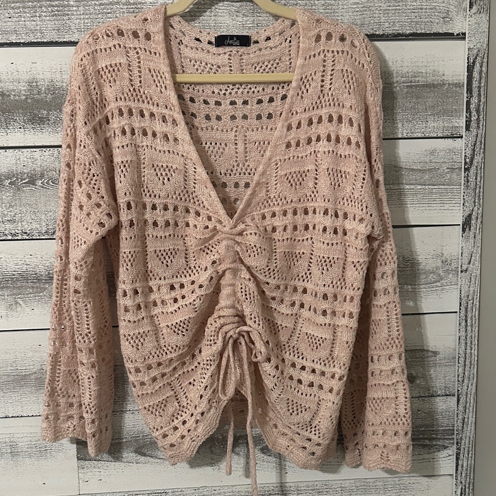 Delicate Lace-Up Crochet Cardigan in Blush